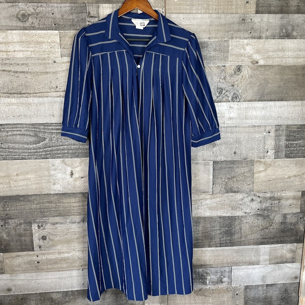 Vintage Sears Blue & White Striped Women's House Dress Size 14 1/2 Modest